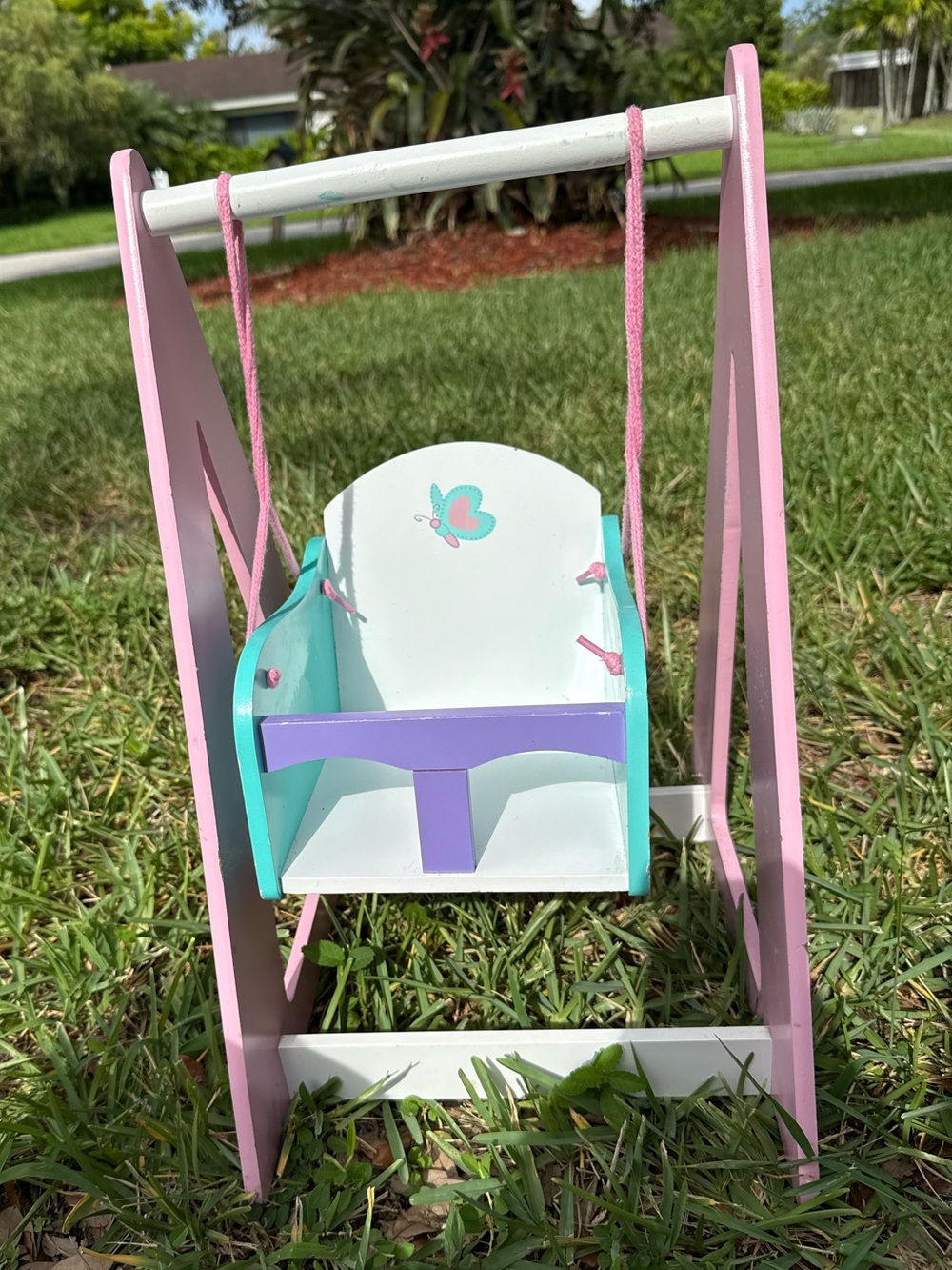 Kidkraft Wooden Doll Swing Seat in Pink, White & Teal with Purple Accent GUC